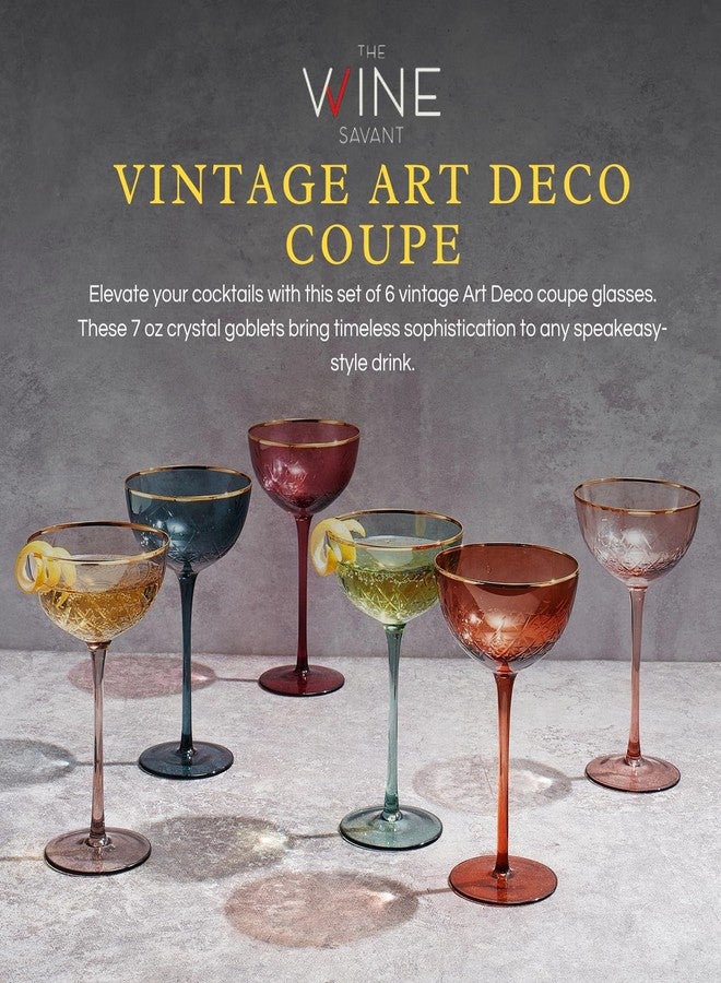 Khen Vintage Art Deco Coupe for Champagne, Martini, Cocktails | Set of 6 | 7 oz Classic Cocktail Glassware - Manhattan, Cosmopolitan, Sidecar, Crystal Speakeasy Style Saucer Goblets with Stems (Muted) - Image 3