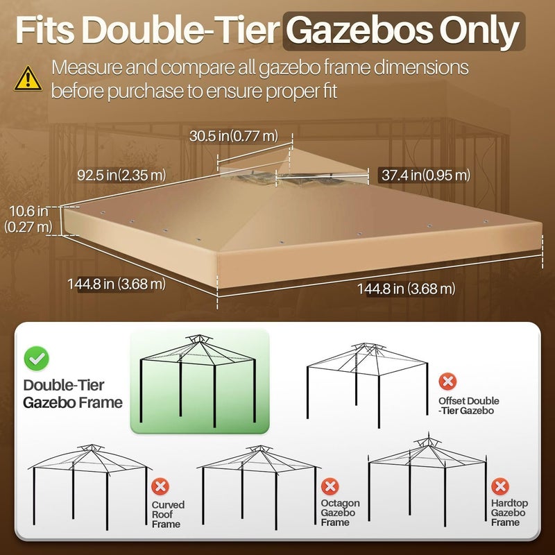 Flexzion 12x12 Gazebo Canopy Replacement Top Waterproof Cover - Outdoor Gazebo Canopy Cover - Double Tier UV30 Cover for Canopies, Garden, Patio, Yard Tent (Beige) - Image 5