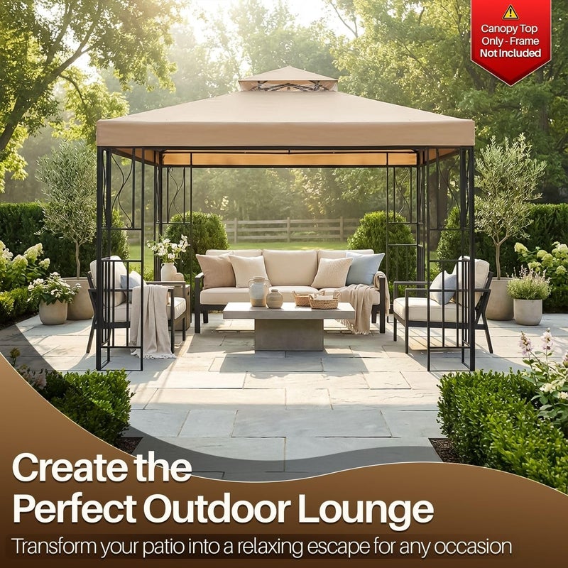 Flexzion 12x12 Gazebo Canopy Replacement Top Waterproof Cover - Outdoor Gazebo Canopy Cover - Double Tier UV30 Cover for Canopies, Garden, Patio, Yard Tent (Beige) - Image 2