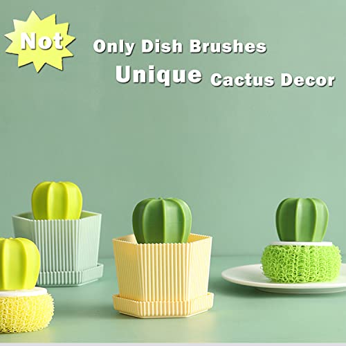Sirensky Cactus Mini Dish Brush Set with Drip Tray (3 Replacement Brushes), Durable Kitchen Cleaning Scrubbers for Plates, Pans, Pots, Sink (Green) - Image 3