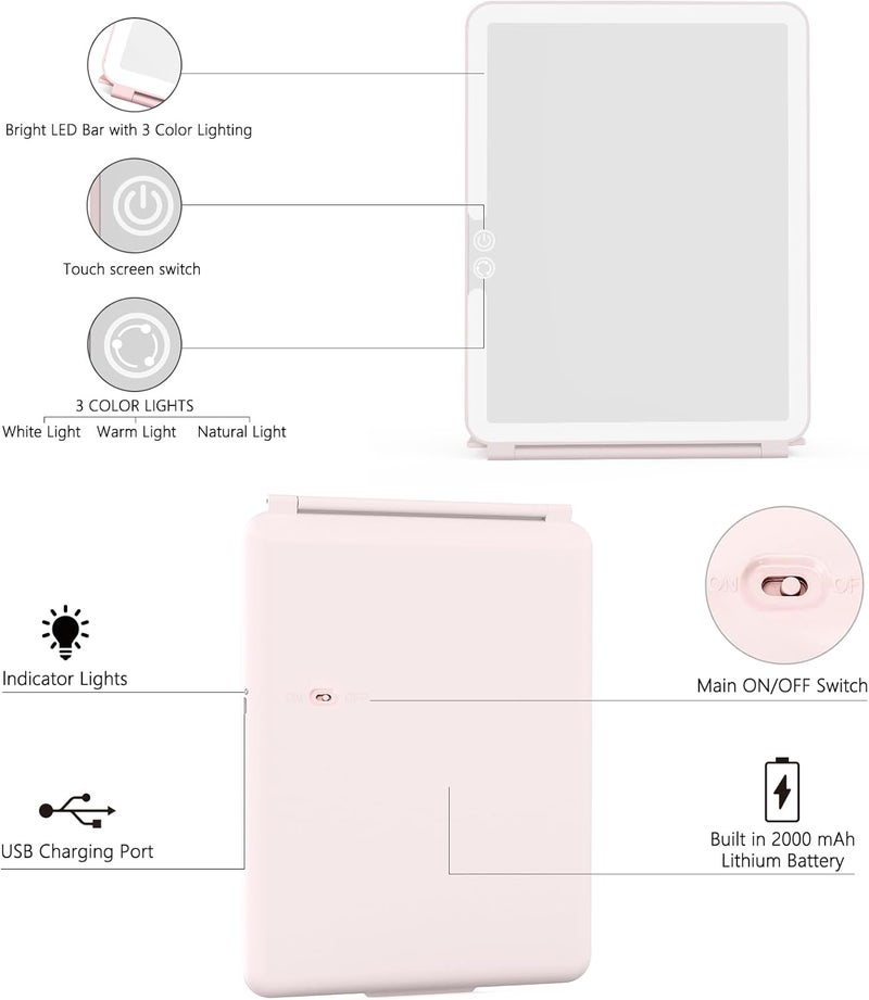WEILY Makeup Mirror with Lights, 2000 mAh USB Rechargeable Lighted Makeup Mirror, Touch Screen 3 Colors Adjustable 72 LED Lights Compact Travel Mirror, Gift for Girls Women (Pink) - Image 5