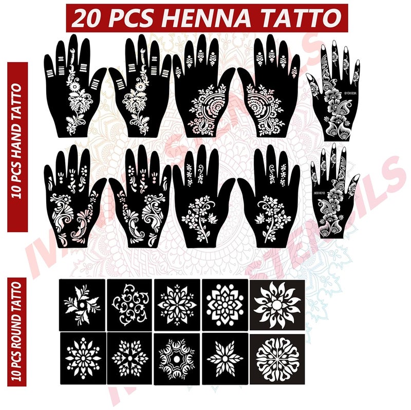 ivana's قالب تاتو الحناء إيفانا تصميم الحناء لليدين مجموعة من 20 قطعة حزمة كومبو 10 قطع تصميم يد 10 قطع قوالب دائرية للنساء والفتيات والأطفال سهل الاستخدام في 4 خطوات بسيطة CPT2040 - Image 2