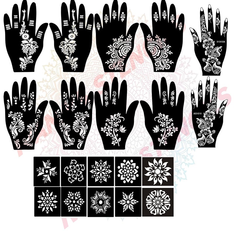 ivana's قالب تاتو الحناء إيفانا تصميم الحناء لليدين مجموعة من 20 قطعة حزمة كومبو 10 قطع تصميم يد 10 قطع قوالب دائرية للنساء والفتيات والأطفال سهل الاستخدام في 4 خطوات بسيطة CPT2040 - Image 1