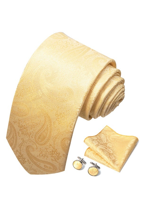 Lemon Mens Plaid Ties, Classic Paisley Necktie with Handkerchief Cufflinks Set Business Stripe Tie - Image 2