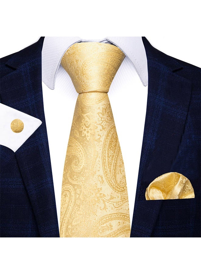 Lemon Mens Plaid Ties, Classic Paisley Necktie with Handkerchief Cufflinks Set Business Stripe Tie - Image 1