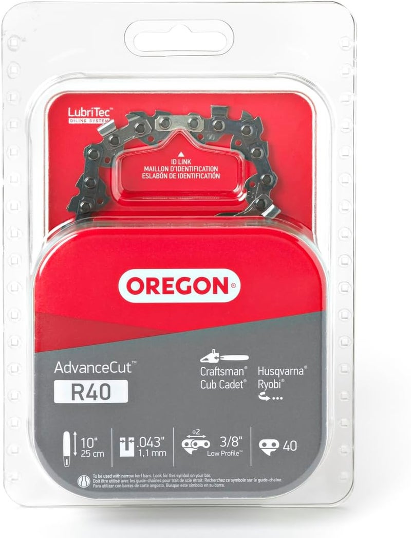 Oregon R40 Chainsaw Chain for 10 Inch Bar – 40 Drive Link Replacement Chainsaw Blade, .043" Gauge, 3/8" Pitch, fits Remington, Husqvarna, Ryobi and more, AdvanceCut, Gray - Image 1