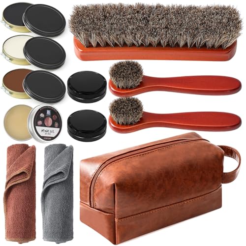 Wovnet 13 Pcs Shoe Polish Kit, Leather Boot Care Kit for Men, Black Shoes Shine Kit for Cleaning with PU Storage Bag(Brown) - Image 1