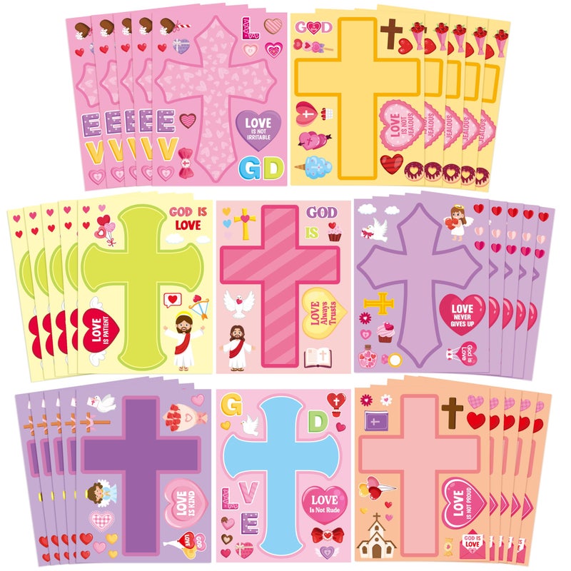 سي واي 2 سايد مجموعة ملصقات صليب عيد الحب من CY2SIDE - 40 قطعة. اصنع ملصق وجه صليب "الله محبة" مع قلب للأطفال، لعبة ملصقات مسيحية يمكنك صنعها بنفسك، هدية لحفلة عيد الحب، مشروع منزلي لمدارس الأحد. - Image 1