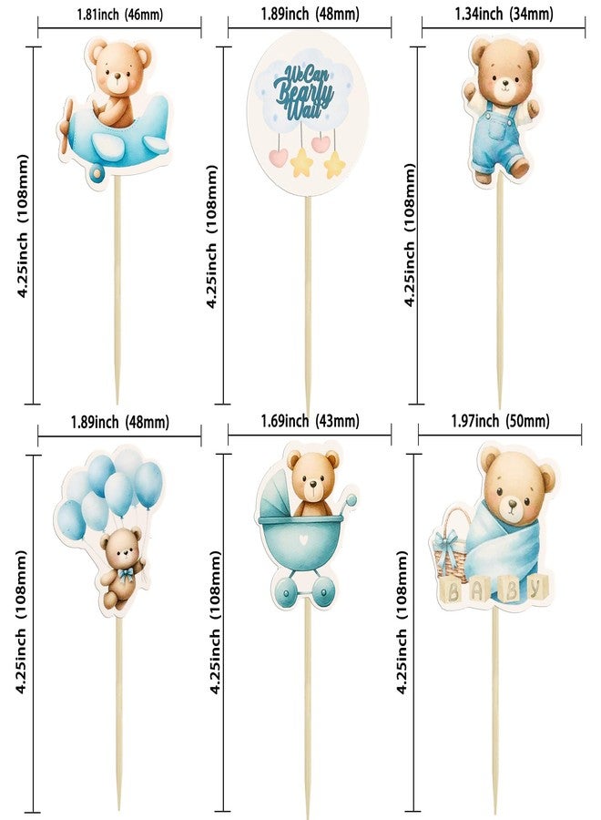 Ephlyn 36Pcs Bear Cupcake Toppers Balloon Baby Bear Cupcake Picks Decorations for Bear Theme Birthday Party Supplies Blue - Image 2