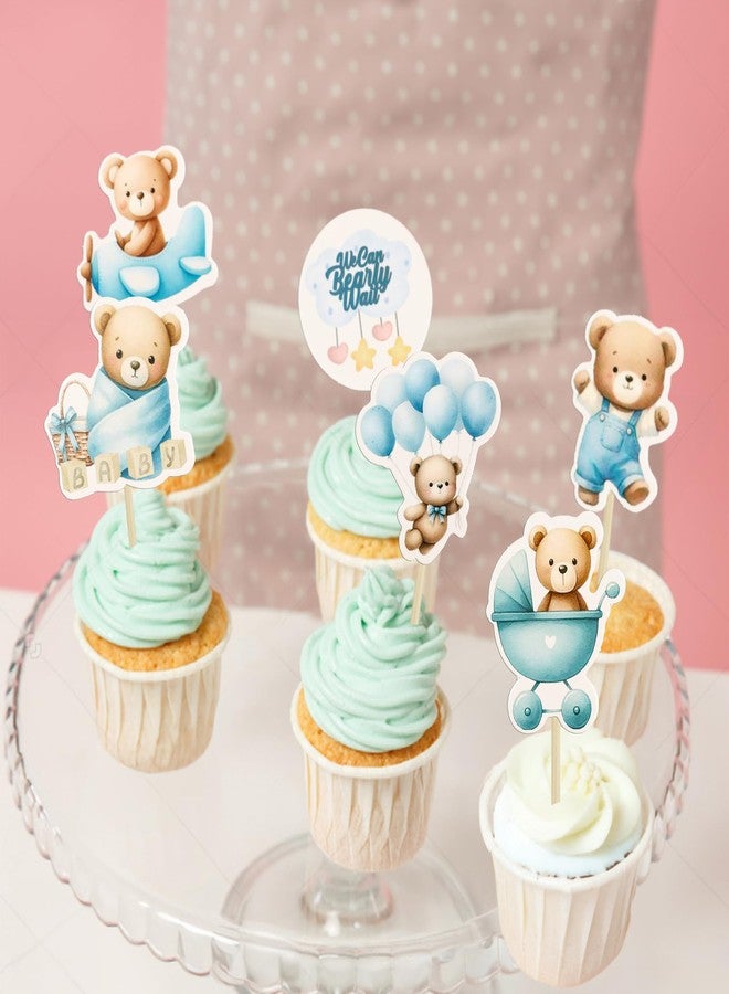 Ephlyn 36Pcs Bear Cupcake Toppers Balloon Baby Bear Cupcake Picks Decorations for Bear Theme Birthday Party Supplies Blue - Image 5