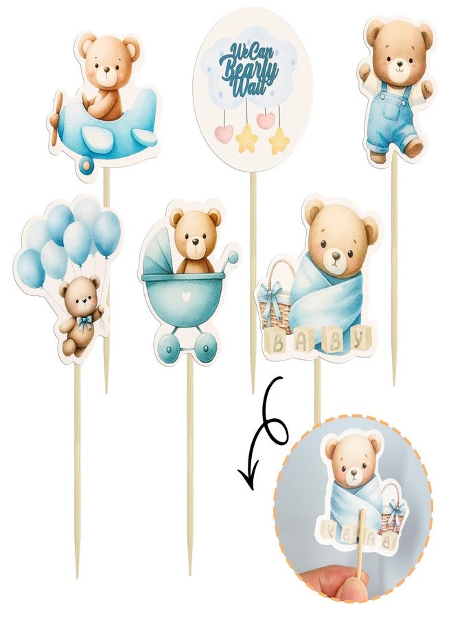 Ephlyn 36Pcs Bear Cupcake Toppers Balloon Baby Bear Cupcake Picks Decorations for Bear Theme Birthday Party Supplies Blue - Image 3