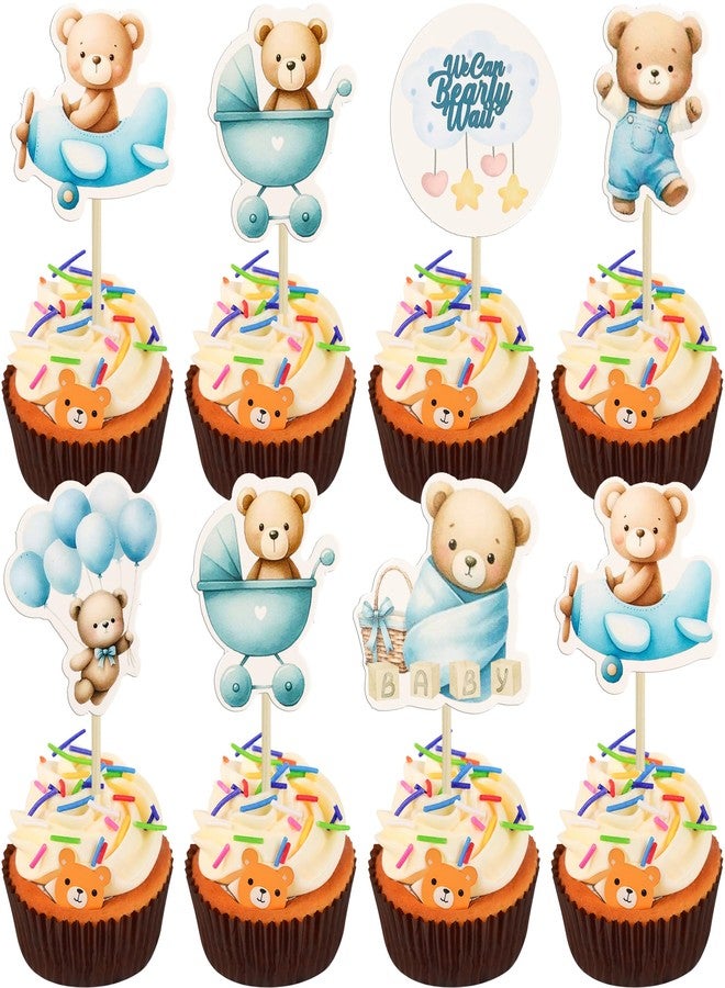 Ephlyn 36Pcs Bear Cupcake Toppers Balloon Baby Bear Cupcake Picks Decorations for Bear Theme Birthday Party Supplies Blue - Image 1