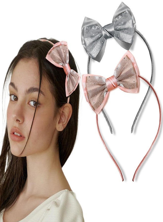 Lykaa Girls Stylish Bow Headband Set | Satin Fabric Hairbands for Women & Kids | Hair Accessories Combo (Pack of 2) (Peach & Grey, Standard) - Image 1