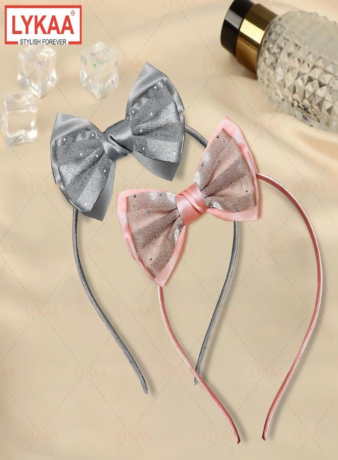 Lykaa Girls Stylish Bow Headband Set | Satin Fabric Hairbands for Women & Kids | Hair Accessories Combo (Pack of 2) (Peach & Grey, Standard) - Image 4