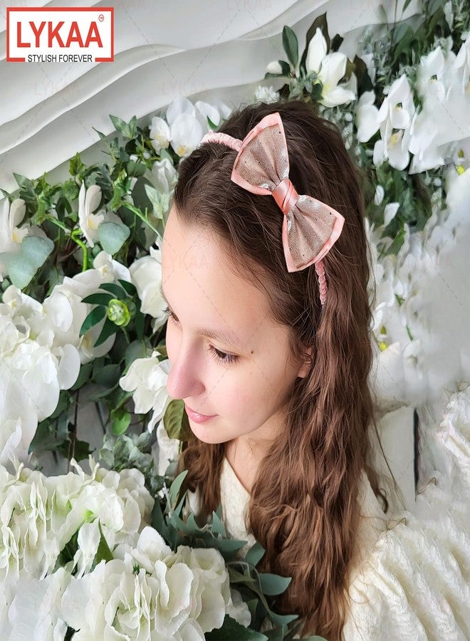 Lykaa Girls Stylish Bow Headband Set | Satin Fabric Hairbands for Women & Kids | Hair Accessories Combo (Pack of 2) (Peach & Grey, Standard) - Image 5