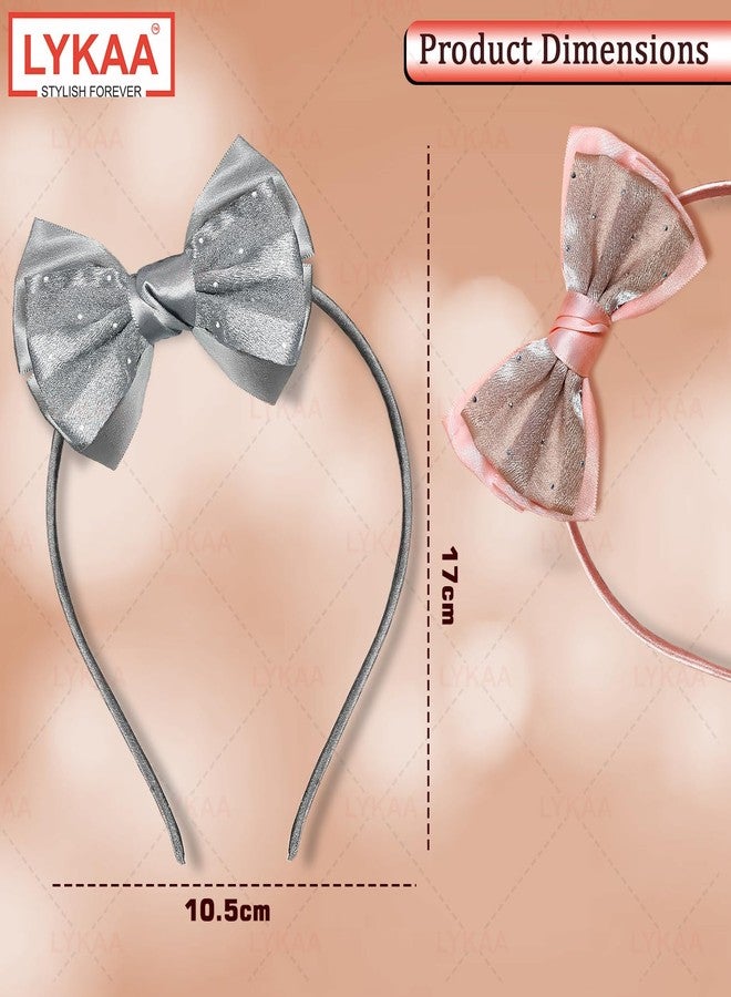 Lykaa Girls Stylish Bow Headband Set | Satin Fabric Hairbands for Women & Kids | Hair Accessories Combo (Pack of 2) (Peach & Grey, Standard) - Image 2