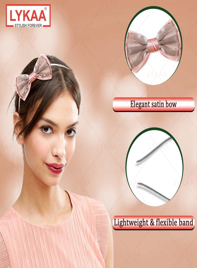 Lykaa Girls Stylish Bow Headband Set | Satin Fabric Hairbands for Women & Kids | Hair Accessories Combo (Pack of 2) (Peach & Grey, Standard) - Image 3