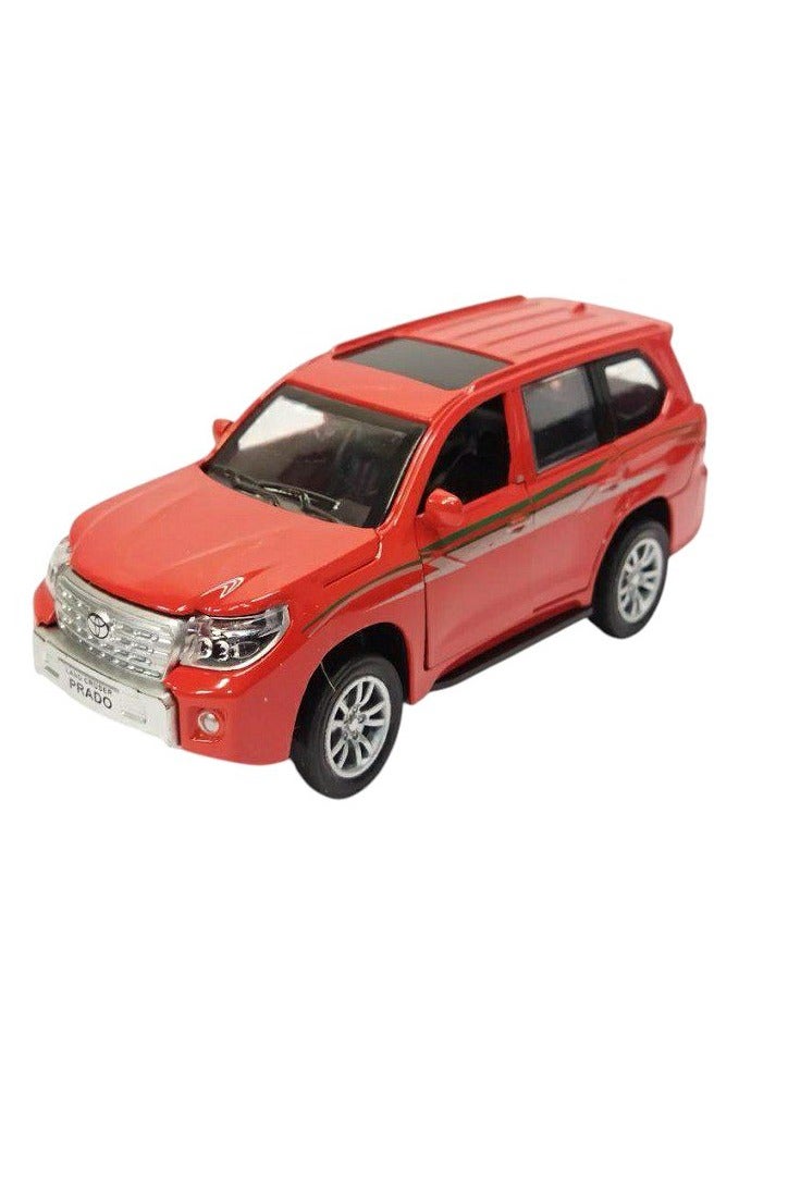 داي كاست نموذج سيارة تويوتا برادو الرياضية متعددة الاستخدامات مصبوب بمقياس 1/46 مع أضواء وصوت - سيارة نموذجية من سبائك معدنية مصبوبة - أبواب أمامية مفتوحة - مقاس تقريبي 12.7 سم (بدون علبة - أحمر) - Image 1