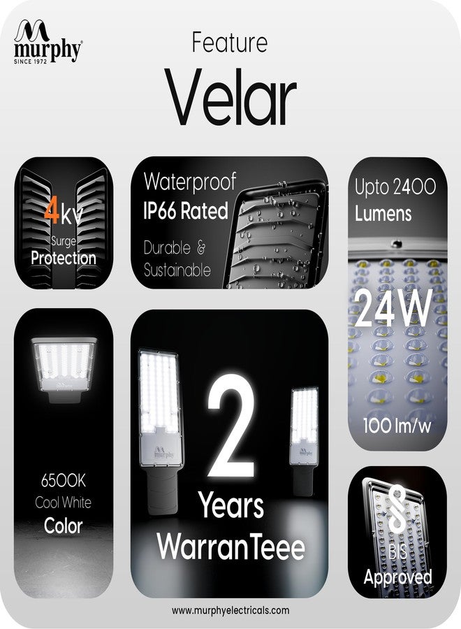 Murphy Velar 24W LED Street Light with Auto On/Off Day Night Sensor | Aluminium Body | IP66 Waterproof | 2400 Lumens | 6500K Cool White | | BIS Certified | 2-Year Warranty (Pack of 1) - Image 3