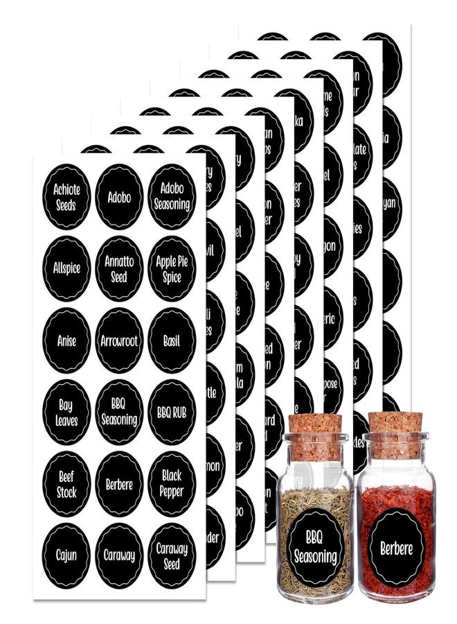 Andiker 144Pcs Spice Jar Labels, Preprinted Self-Adhesive Spice Jar Stickers, Waterproof Seasoning Label Stickers for Jars Bottles and Containers (Round, Black) - Image 1