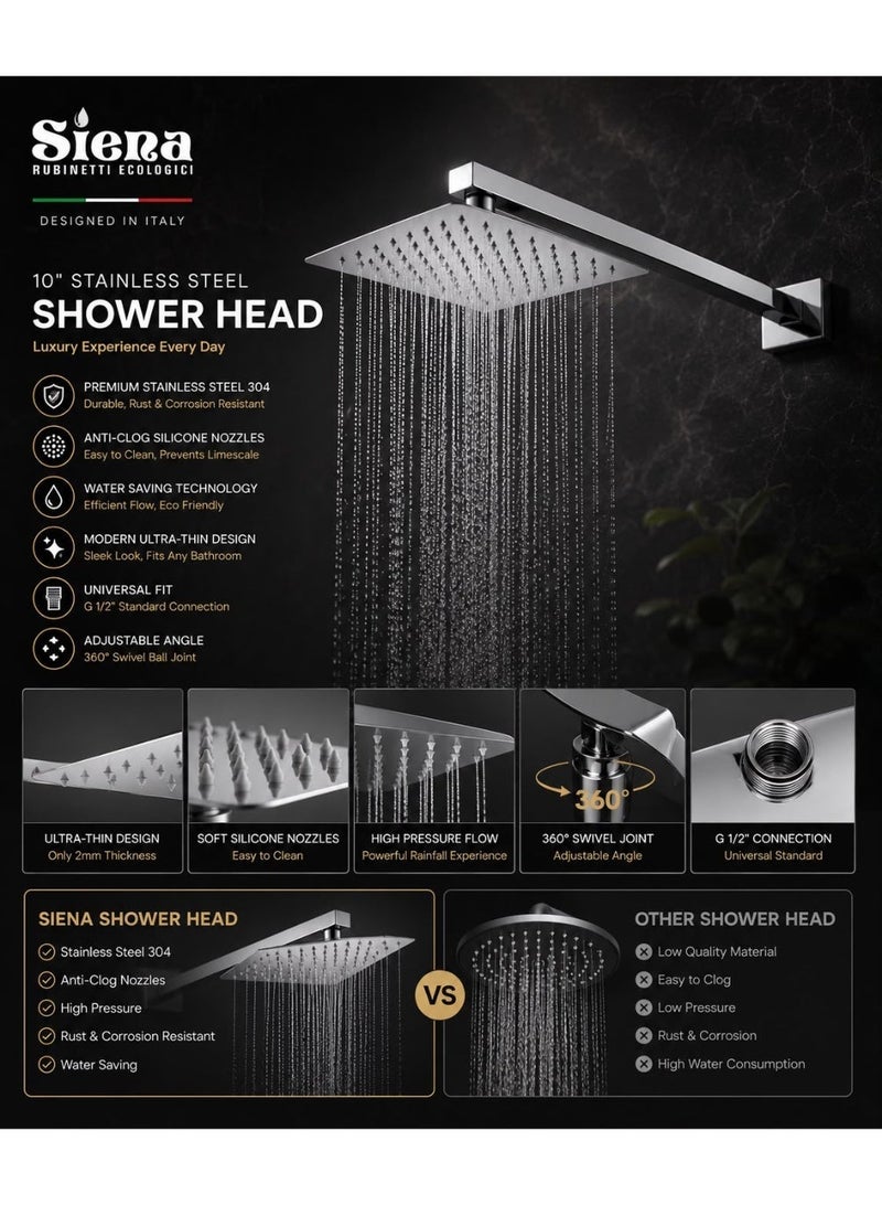 Siena 10-Inch Square Rainfall Shower Head, Ultra-Slim Stainless Steel with Anti-Clog Nozzles - Image 2