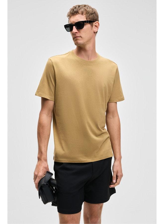 GRIMELANGE Mocassin Men's 100% Cotton Relaxed Fit Round Neck Short Sleeve Light Khaki T‑shirt. - Image 3