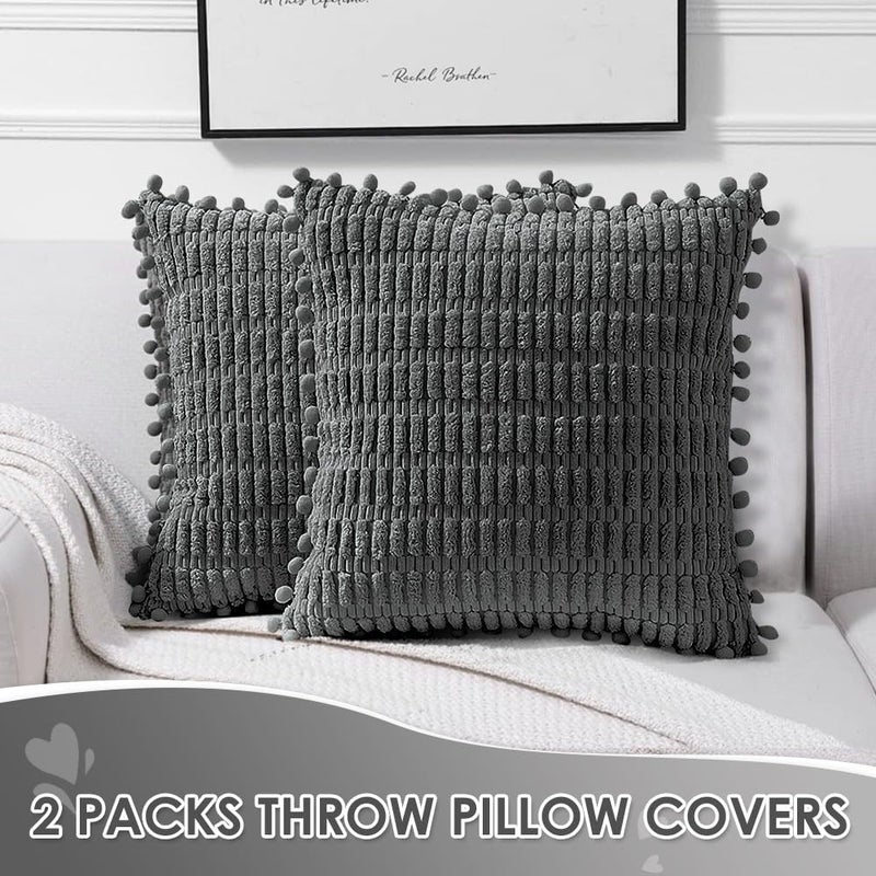 لوكوفي Lukovee 2 عبوات أغطية وسائد زخرفية - 18x18 بوصة أغطية وسائد خارجية مع بوم بوم - ديكور منزلي بوهيمي - وسادة من الكوردروي المخطط مربعة للأريكة والأريكة والسرير وغرفة النوم وغرفة المعيشة - Image 3