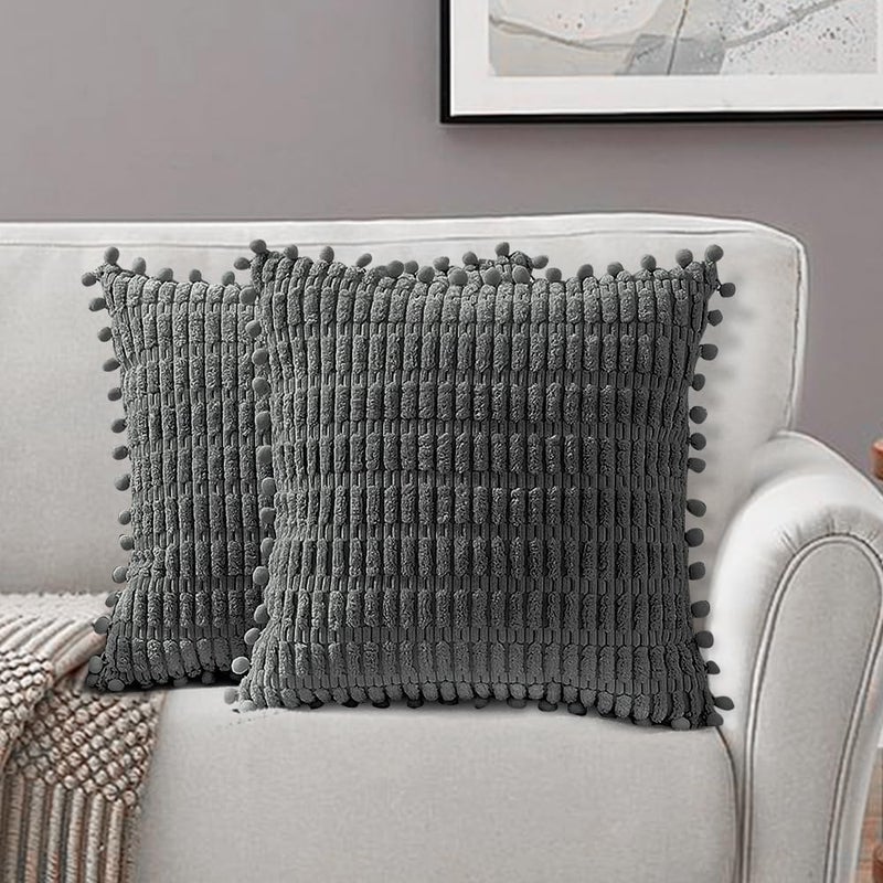 لوكوفي Lukovee 2 عبوات أغطية وسائد زخرفية - 18x18 بوصة أغطية وسائد خارجية مع بوم بوم - ديكور منزلي بوهيمي - وسادة من الكوردروي المخطط مربعة للأريكة والأريكة والسرير وغرفة النوم وغرفة المعيشة - Image 1