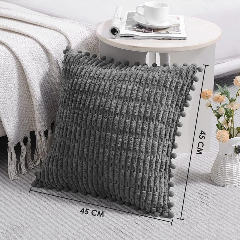 لوكوفي Lukovee 2 عبوات أغطية وسائد زخرفية - 18x18 بوصة أغطية وسائد خارجية مع بوم بوم - ديكور منزلي بوهيمي - وسادة من الكوردروي المخطط مربعة للأريكة والأريكة والسرير وغرفة النوم وغرفة المعيشة - Image 5