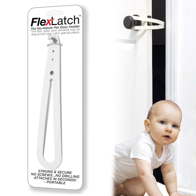 FlexLatch BabyPet Door Holder Latch Child Proof Door Lock Flex Latch Strap Lets Cats in and Keeps Children Out White