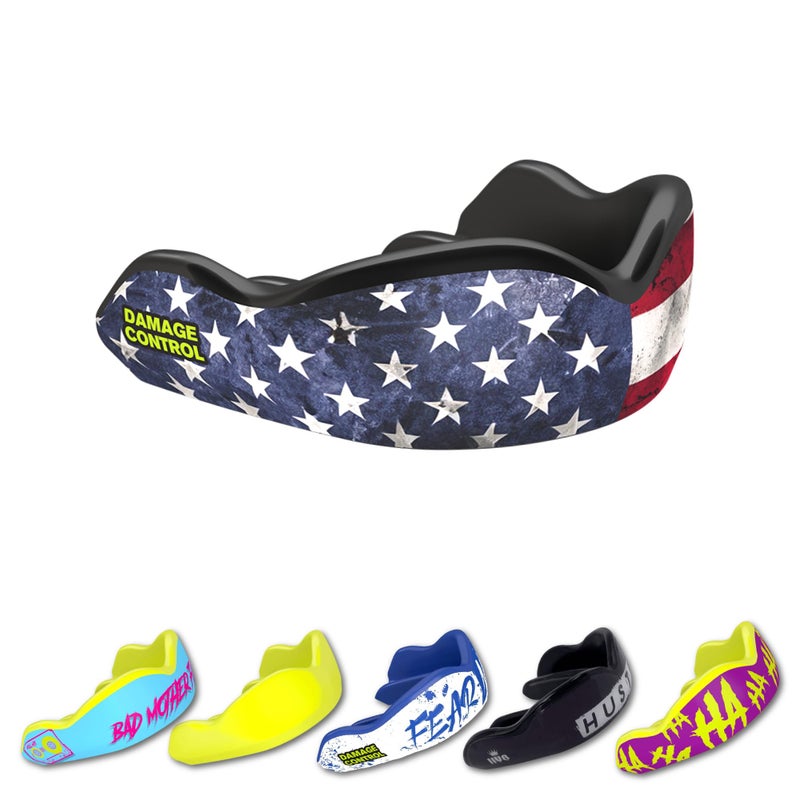 DAMAGE CONTROL حماية الأضرار واقي الفم عالي التأثير واقي الفم الرياضي للملاكمة كرة القدم لاكروس كرة السلة يحمي الأسنان الفك واقي الفم الوقائي للبالغين الشباب كبار السن علم أمريكا القديم