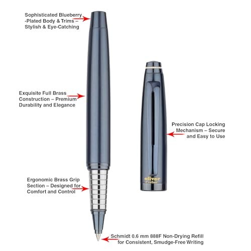 Oliver Corbet Matte Blueberry Roller Pen – Premium Brass Body, Ergonomic Grip, Schmidt 0.6 mm German Refill, Precision Cap Locking, Luxury Gift Box - Image 3