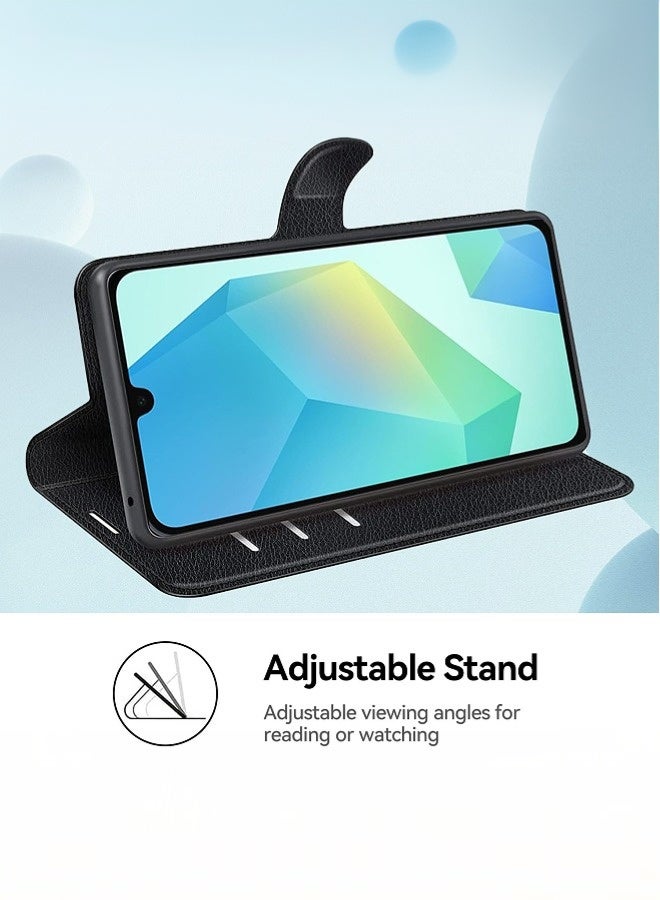 بشكل مختصر غطاء محفظة لهاتف Samsung Galaxy A16 (2024)، غطاء مغناطيسي قابل للطي مصنوع من جلد PU عالي الجودة مع فتحات لبطاقات ووظيفة حامل - أسود - Image 5