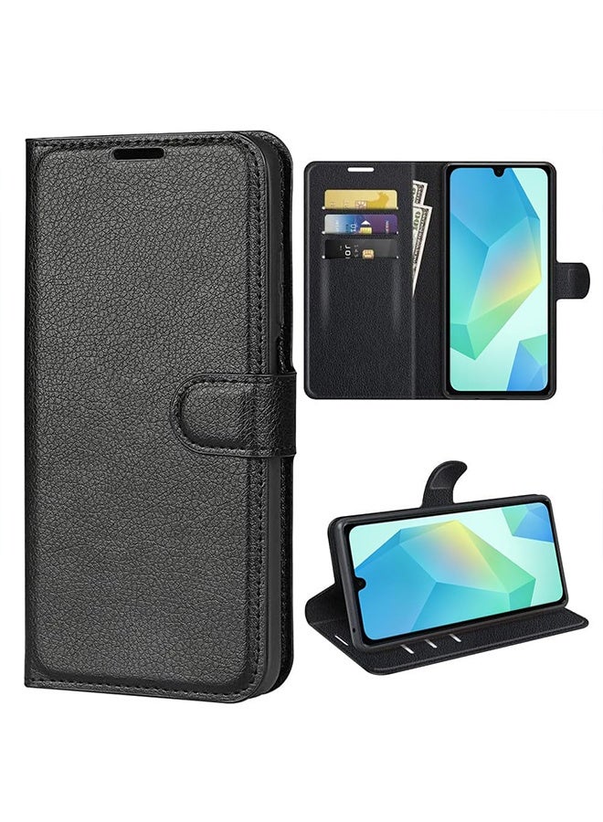 بشكل مختصر غطاء محفظة لهاتف Samsung Galaxy A16 (2024)، غطاء مغناطيسي قابل للطي مصنوع من جلد PU عالي الجودة مع فتحات لبطاقات ووظيفة حامل - أسود - Image 1