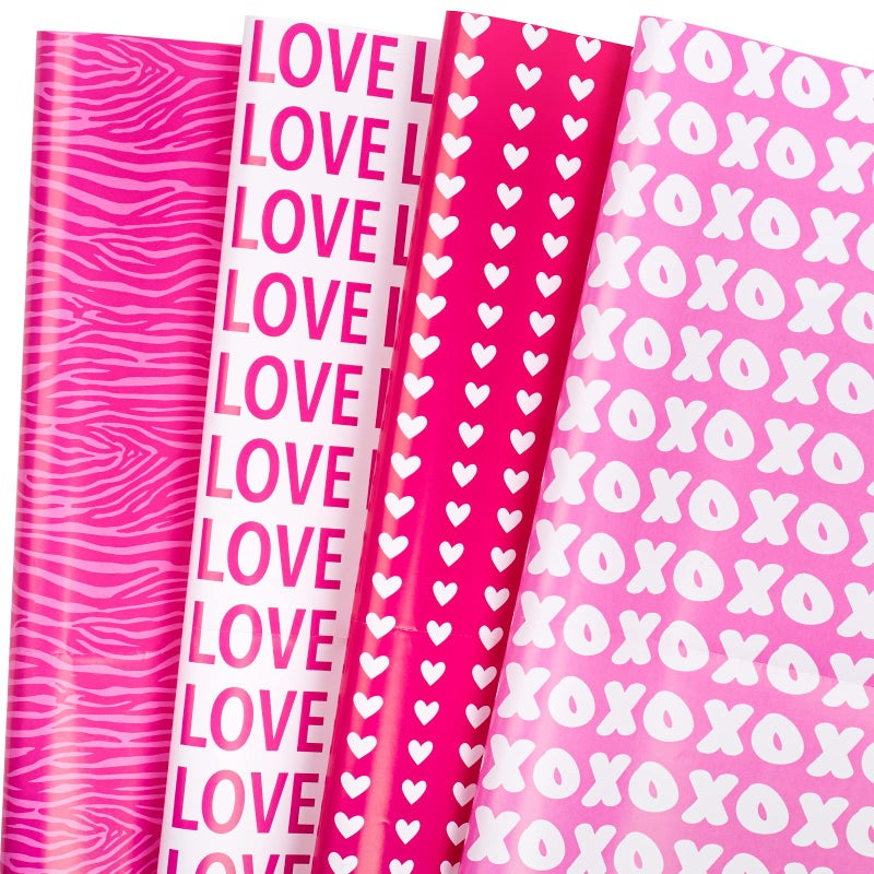 LeZakaa Pink Valentine's LOVE Wrapping Paper, Heart/XO XO/LOVE/Zebra Stripes, 12 Sheets, 27.5 x 19.6 Inches Per Sheet - Image 1