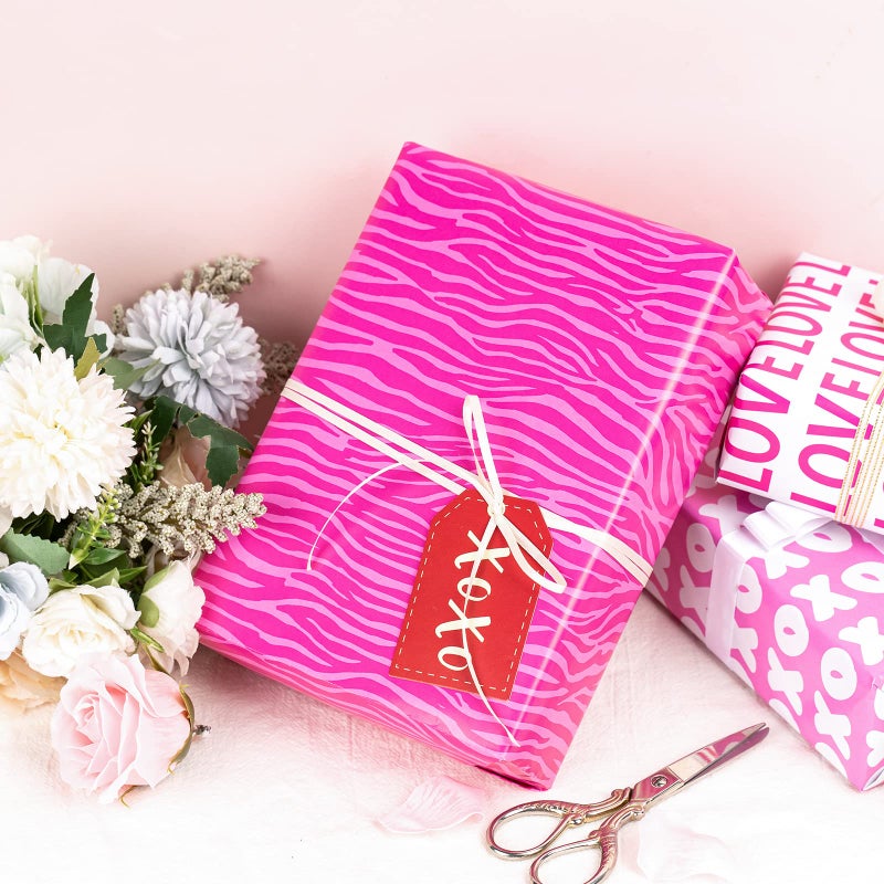 LeZakaa Pink Valentine's LOVE Wrapping Paper, Heart/XO XO/LOVE/Zebra Stripes, 12 Sheets, 27.5 x 19.6 Inches Per Sheet - Image 4