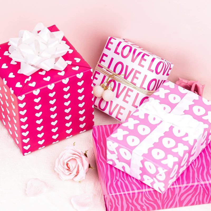 LeZakaa Pink Valentine's LOVE Wrapping Paper, Heart/XO XO/LOVE/Zebra Stripes, 12 Sheets, 27.5 x 19.6 Inches Per Sheet - Image 2