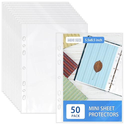 VOKOY 50 Pack 5.5x8.5 Inch Sheet Protectors for 3 or 6 Ring A5 Binder, Half Letter Size 7 Holes Mini Heavy-Duty Sheet Protector Sleeves Crystal Clear Playbill Binder Pockets - Image 1