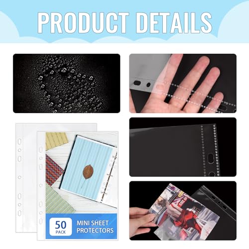 VOKOY 50 Pack 5.5x8.5 Inch Sheet Protectors for 3 or 6 Ring A5 Binder, Half Letter Size 7 Holes Mini Heavy-Duty Sheet Protector Sleeves Crystal Clear Playbill Binder Pockets - Image 3