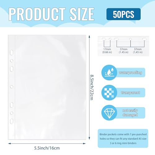 VOKOY 50 Pack 5.5x8.5 Inch Sheet Protectors for 3 or 6 Ring A5 Binder, Half Letter Size 7 Holes Mini Heavy-Duty Sheet Protector Sleeves Crystal Clear Playbill Binder Pockets - Image 2