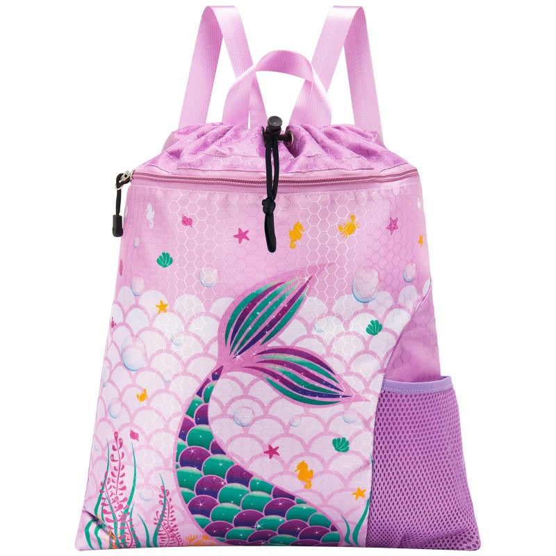 WAWSAM Mermaid Kids Drawstring Backpack String Bag, 15â€ Ã— 17â€ Gym Bag Cinch Bag for Girls Kids Waterproof Swim Beach Bag, Back to School Birthday Gift with Zippered Pocket and Bottle Pocket - Image 1