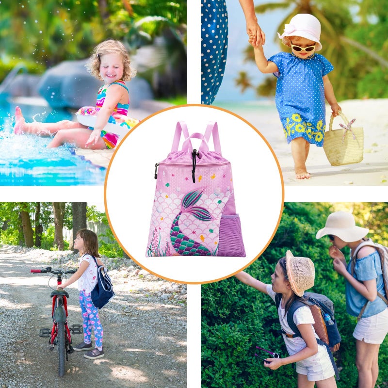 WAWSAM Mermaid Kids Drawstring Backpack String Bag, 15â€ Ã— 17â€ Gym Bag Cinch Bag for Girls Kids Waterproof Swim Beach Bag, Back to School Birthday Gift with Zippered Pocket and Bottle Pocket - Image 5