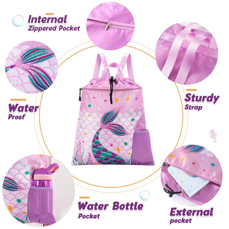WAWSAM Mermaid Kids Drawstring Backpack String Bag, 15â€ Ã— 17â€ Gym Bag Cinch Bag for Girls Kids Waterproof Swim Beach Bag, Back to School Birthday Gift with Zippered Pocket and Bottle Pocket - Image 3