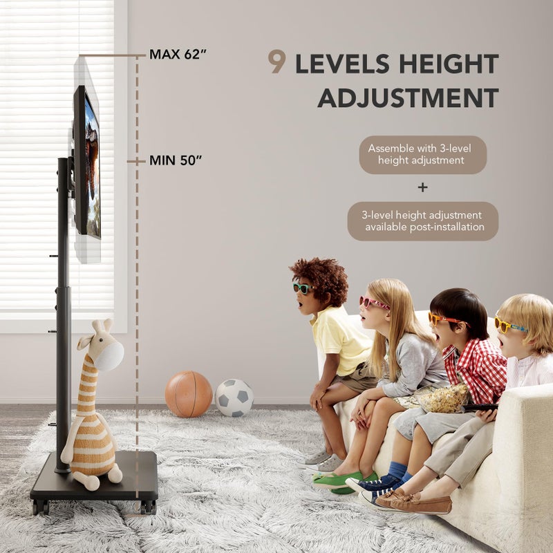 AX WABER Universal Floor TV Stand, Portable Rolling Floor TV Mount with Wheels, 80 Degree Swivel Height Adjustable for 27 to 65 Inch LCD LED OLED, Holds up to 88 lbs Mobile TV Cart, Max VESA 400x400mm - Image 3