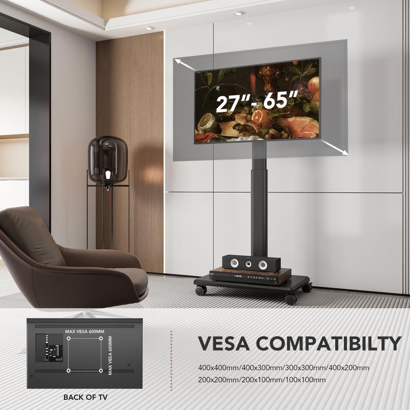 AX WABER Universal Floor TV Stand, Portable Rolling Floor TV Mount with Wheels, 80 Degree Swivel Height Adjustable for 27 to 65 Inch LCD LED OLED, Holds up to 88 lbs Mobile TV Cart, Max VESA 400x400mm - Image 5