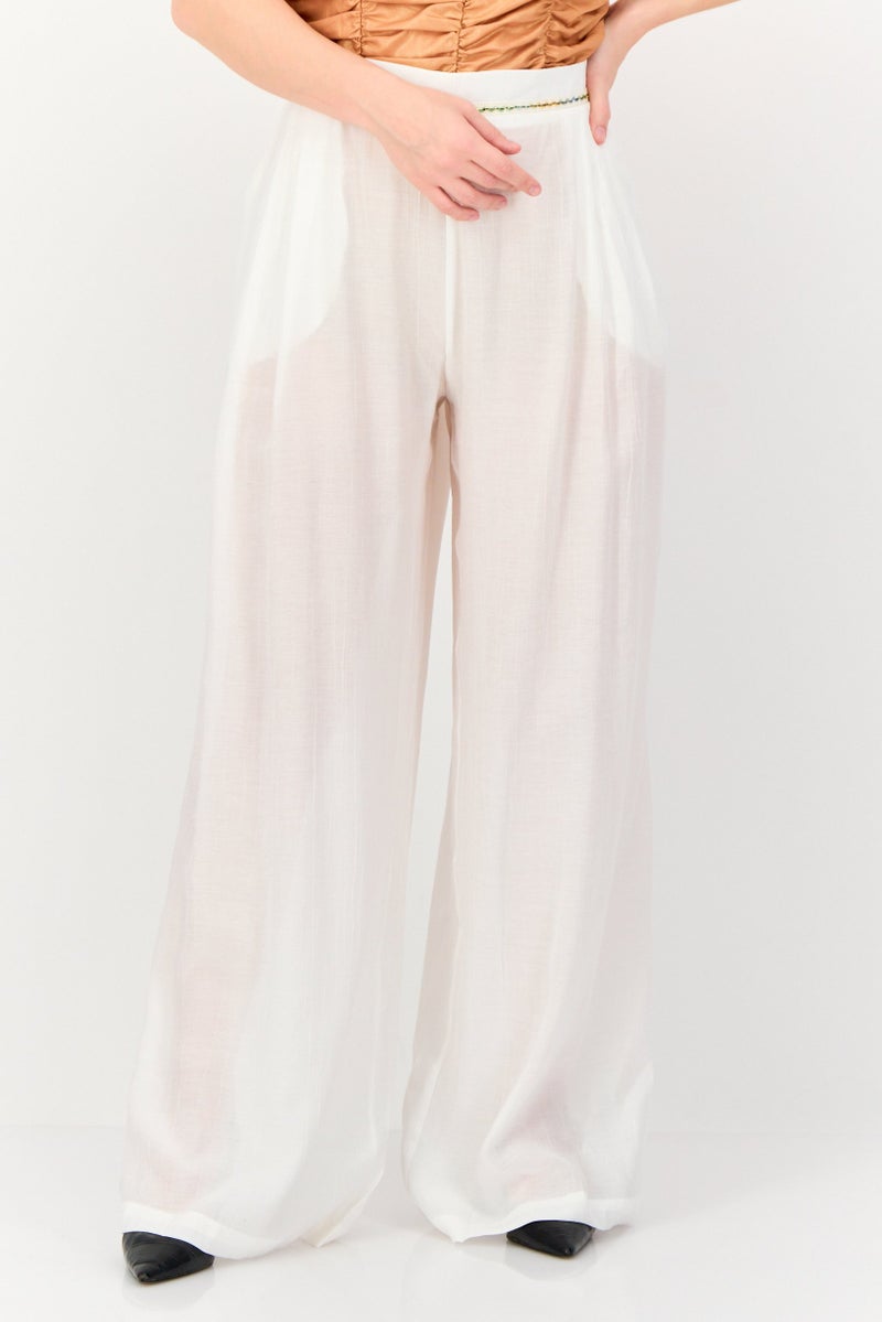 KOTON Women Regular Fit Textured Wide Leg Pants, Off White  - Image 1