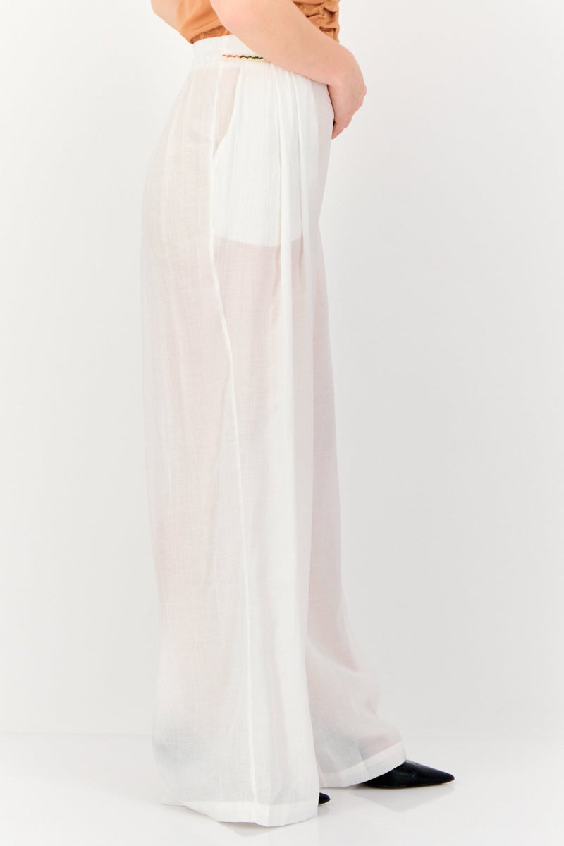 KOTON Women Regular Fit Textured Wide Leg Pants, Off White  - Image 3