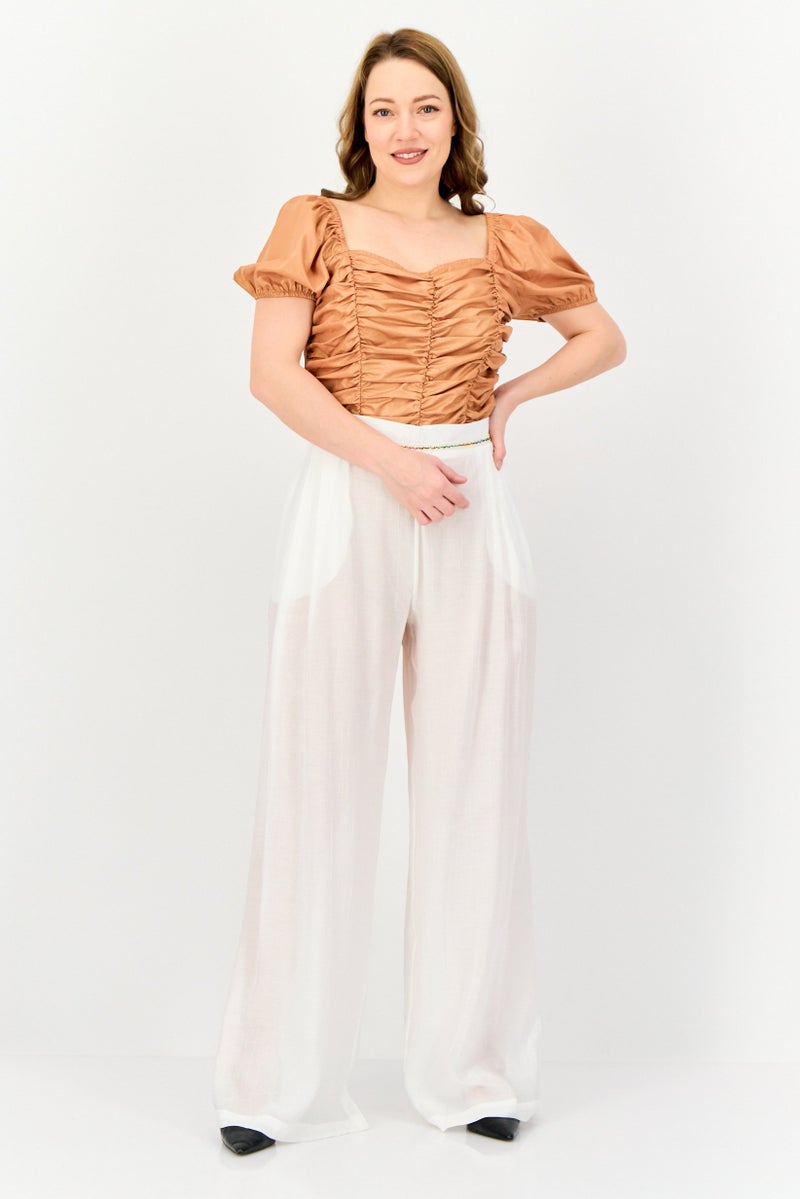 KOTON Women Regular Fit Textured Wide Leg Pants, Off White  - Image 2