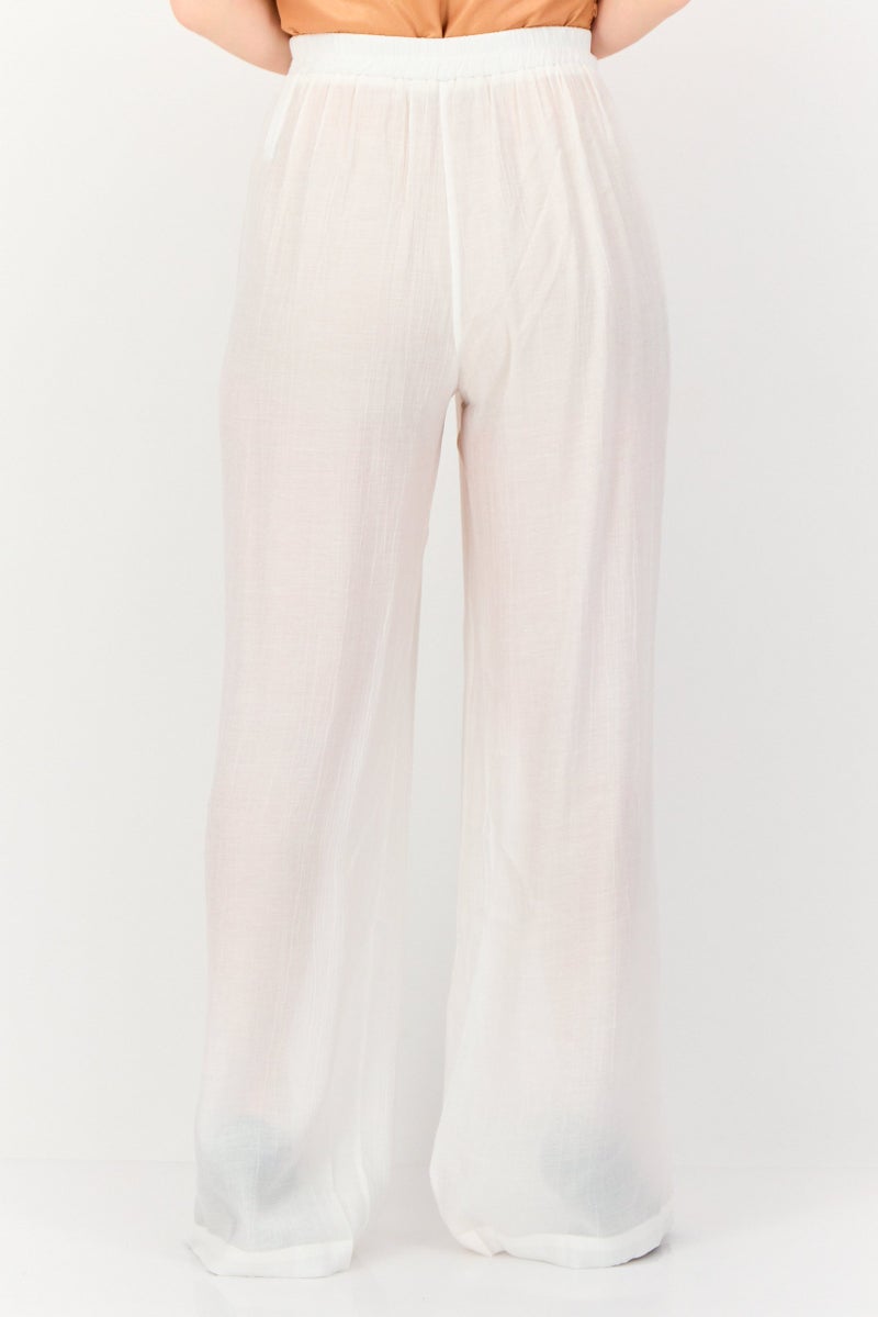 KOTON Women Regular Fit Textured Wide Leg Pants, Off White - Image 4