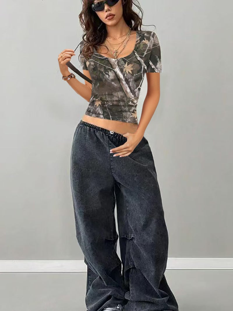2025 Women'S Clothing New Retro Camouflage Branch Pattern Minimalist Casual U-Collar Short-Sleeved T-Shirt - Image 3